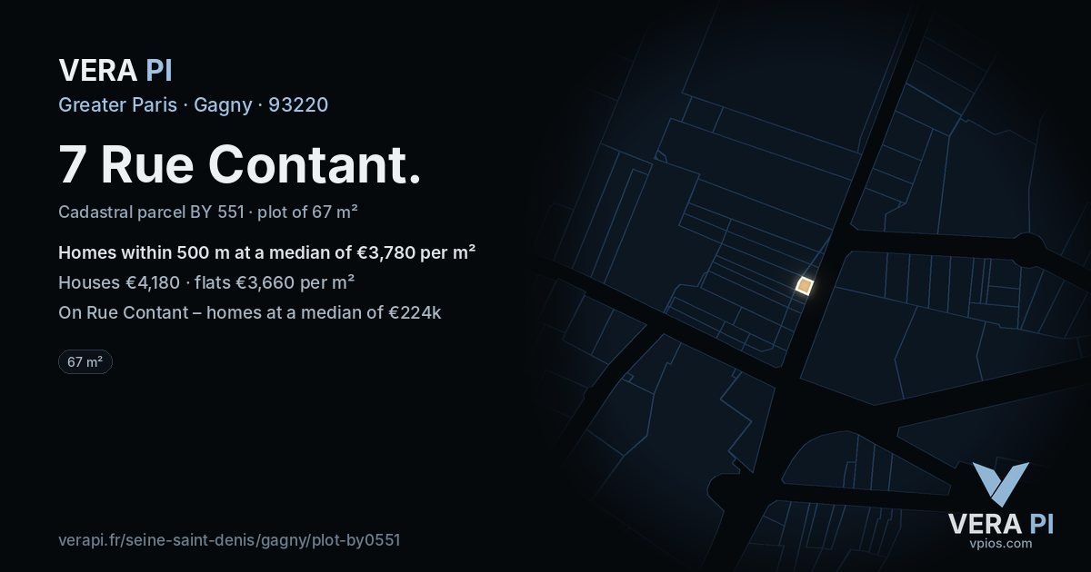 7 Rue Contant, Gagny at night – the plot lit, the parcels around coloured by the prices near them