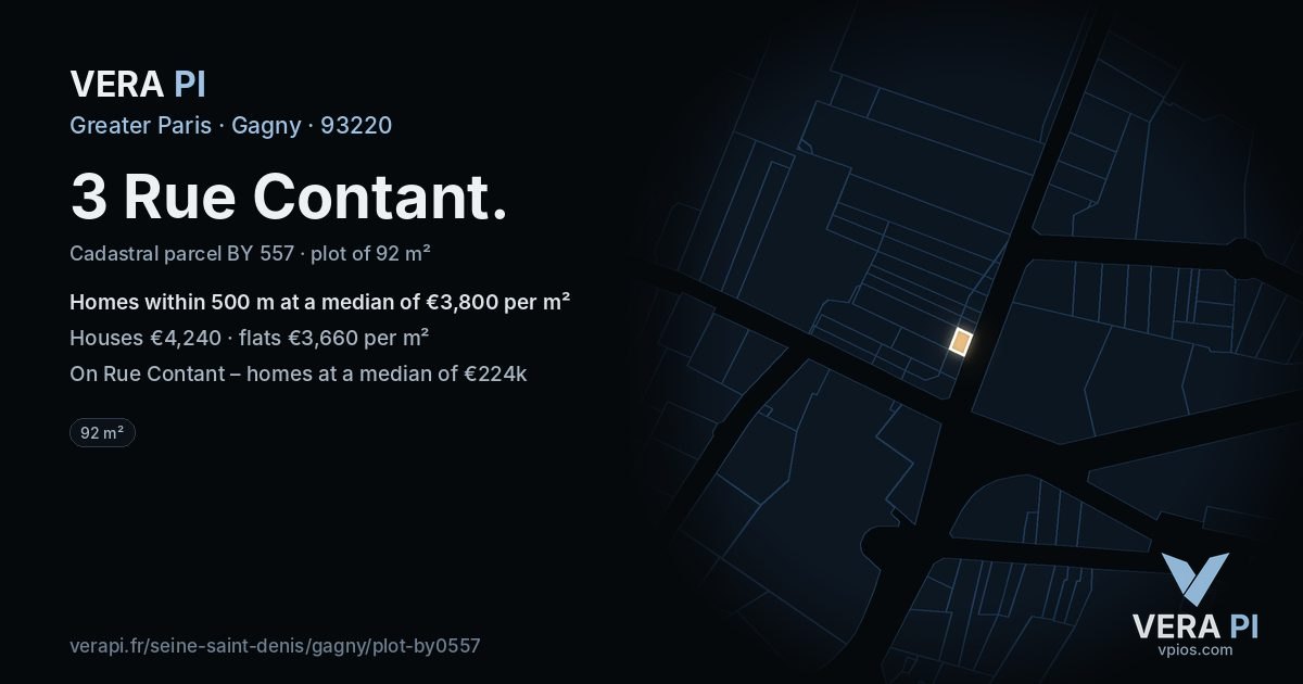 3 Rue Contant, Gagny at night – the plot lit, the parcels around coloured by the prices near them