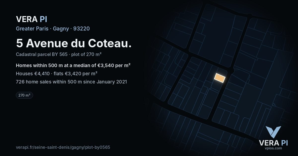 5 Avenue du Coteau, Gagny at night – the plot lit, the parcels around coloured by the prices near them