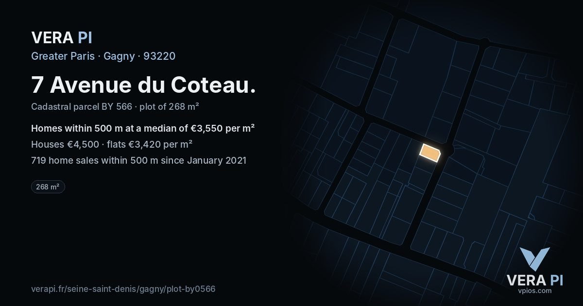 7 Avenue du Coteau, Gagny at night – the plot lit, the parcels around coloured by the prices near them