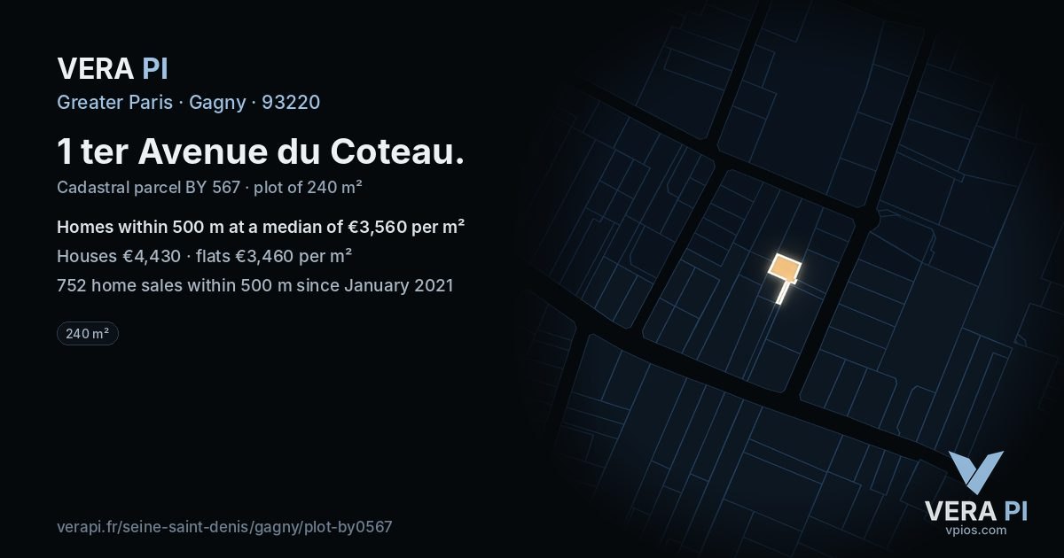1 ter Avenue du Coteau, Gagny at night – the plot lit, the parcels around coloured by the prices near them