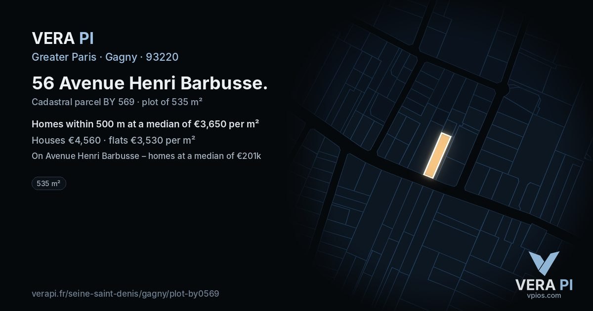 56 Avenue Henri Barbusse, Gagny at night – the plot lit, the parcels around coloured by the prices near them