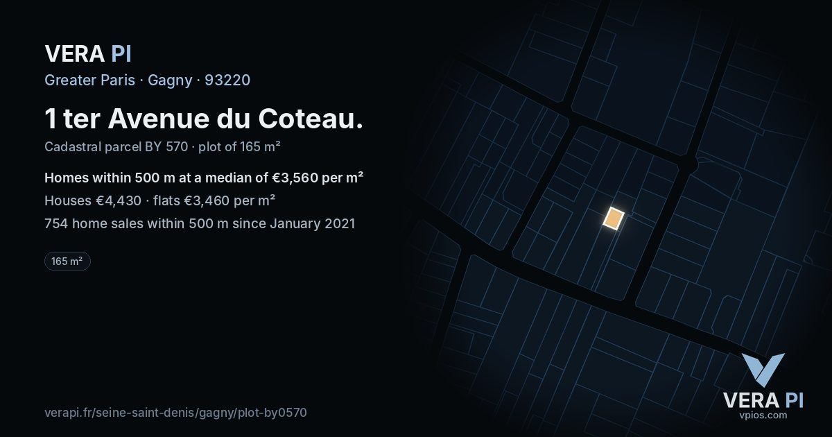 1 ter Avenue du Coteau, Gagny at night – the plot lit, the parcels around coloured by the prices near them