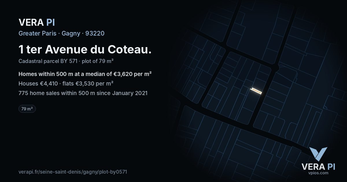 1 ter Avenue du Coteau, Gagny at night – the plot lit, the parcels around coloured by the prices near them