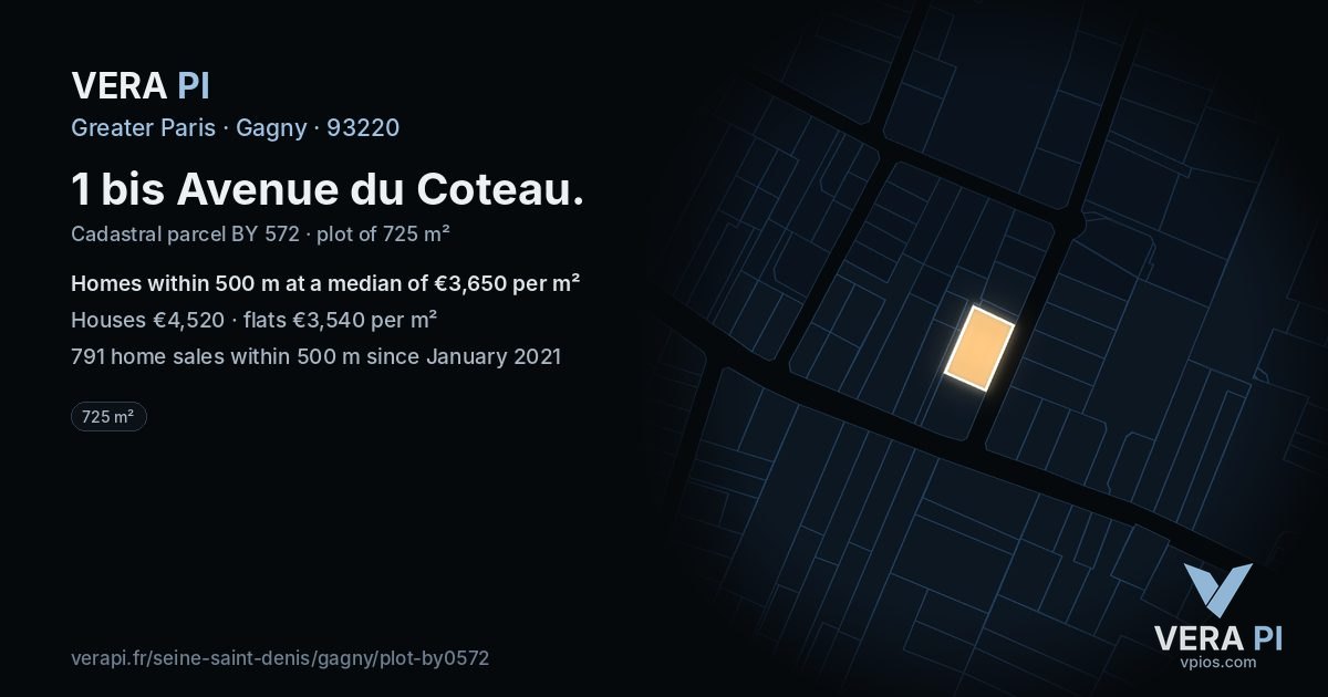 1 bis Avenue du Coteau, Gagny at night – the plot lit, the parcels around coloured by the prices near them
