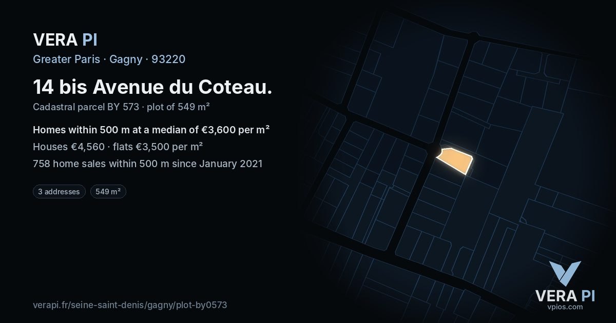 14 bis Avenue du Coteau, Gagny at night – the plot lit, the parcels around coloured by the prices near them