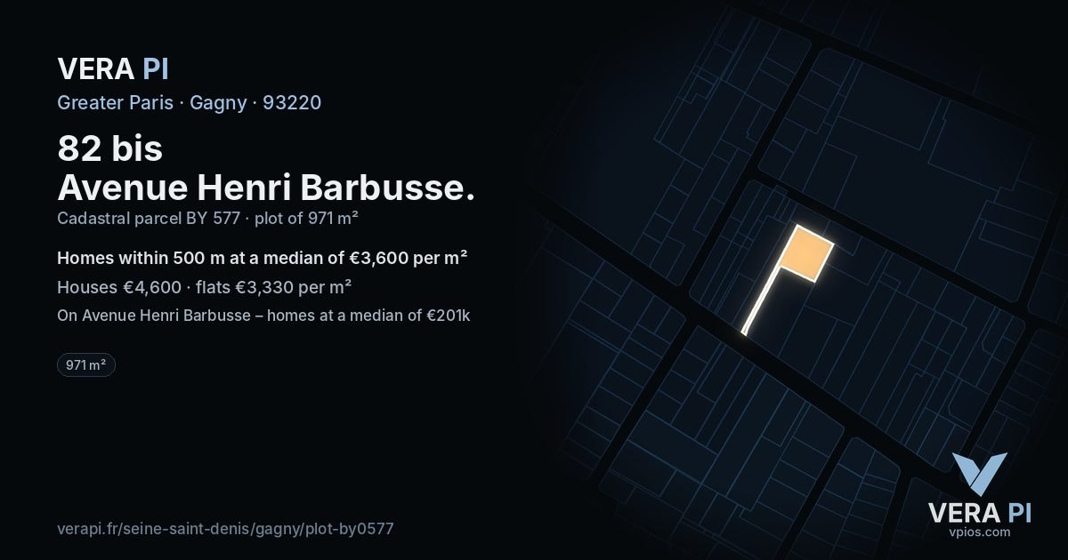82 bis Avenue Henri Barbusse, Gagny at night – the plot lit, the parcels around coloured by the prices near them