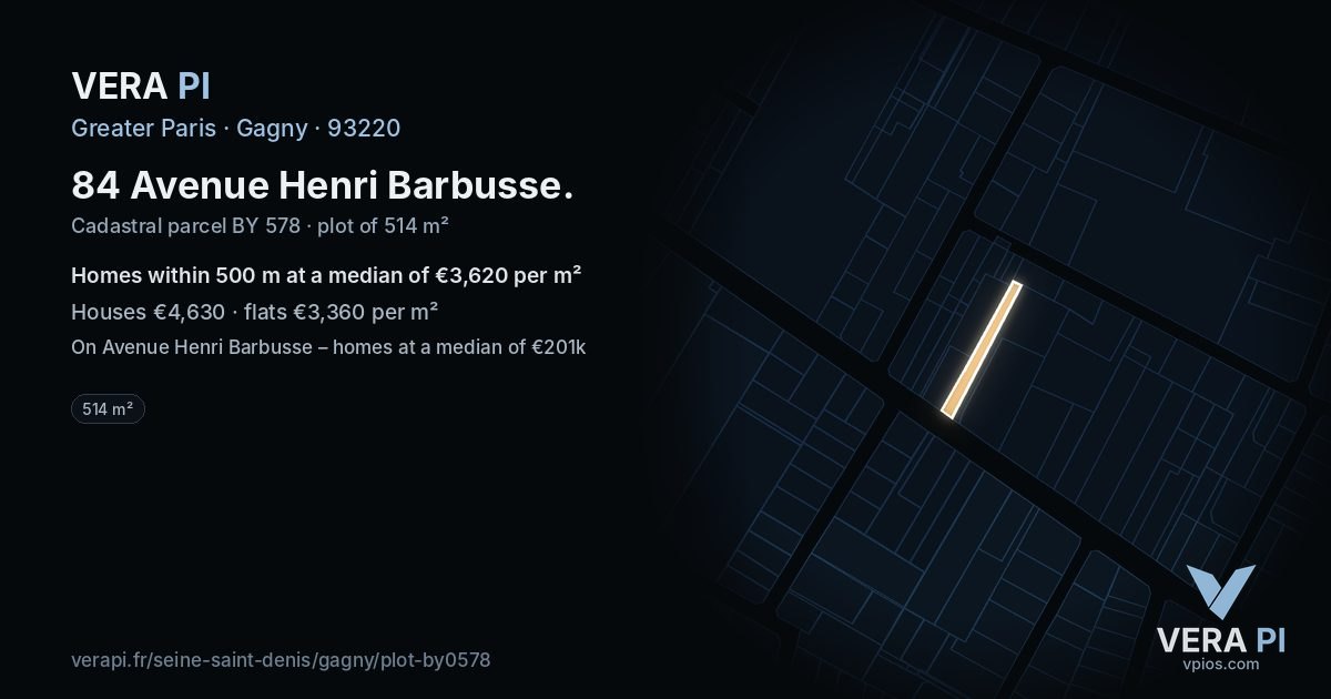 84 Avenue Henri Barbusse, Gagny at night – the plot lit, the parcels around coloured by the prices near them