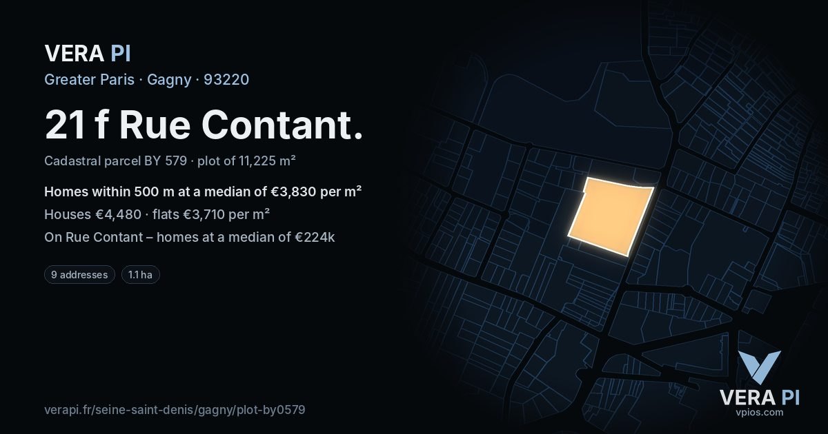 21 f Rue Contant, Gagny at night – the plot lit, the parcels around coloured by the prices near them