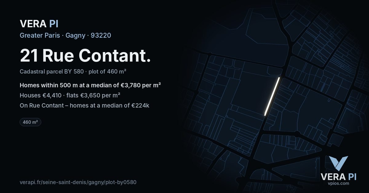 21 Rue Contant, Gagny at night – the plot lit, the parcels around coloured by the prices near them
