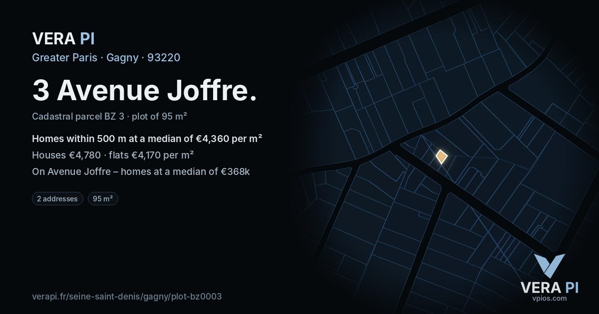 3 Avenue Joffre, Gagny at night – the plot lit, the parcels around coloured by the prices near them