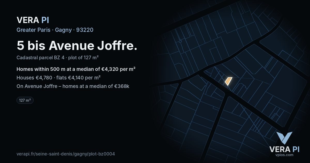 5 bis Avenue Joffre, Gagny at night – the plot lit, the parcels around coloured by the prices near them