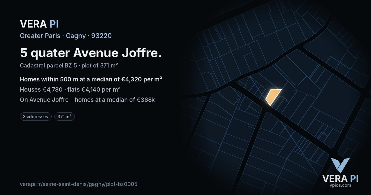5 quater Avenue Joffre, Gagny at night – the plot lit, the parcels around coloured by the prices near them