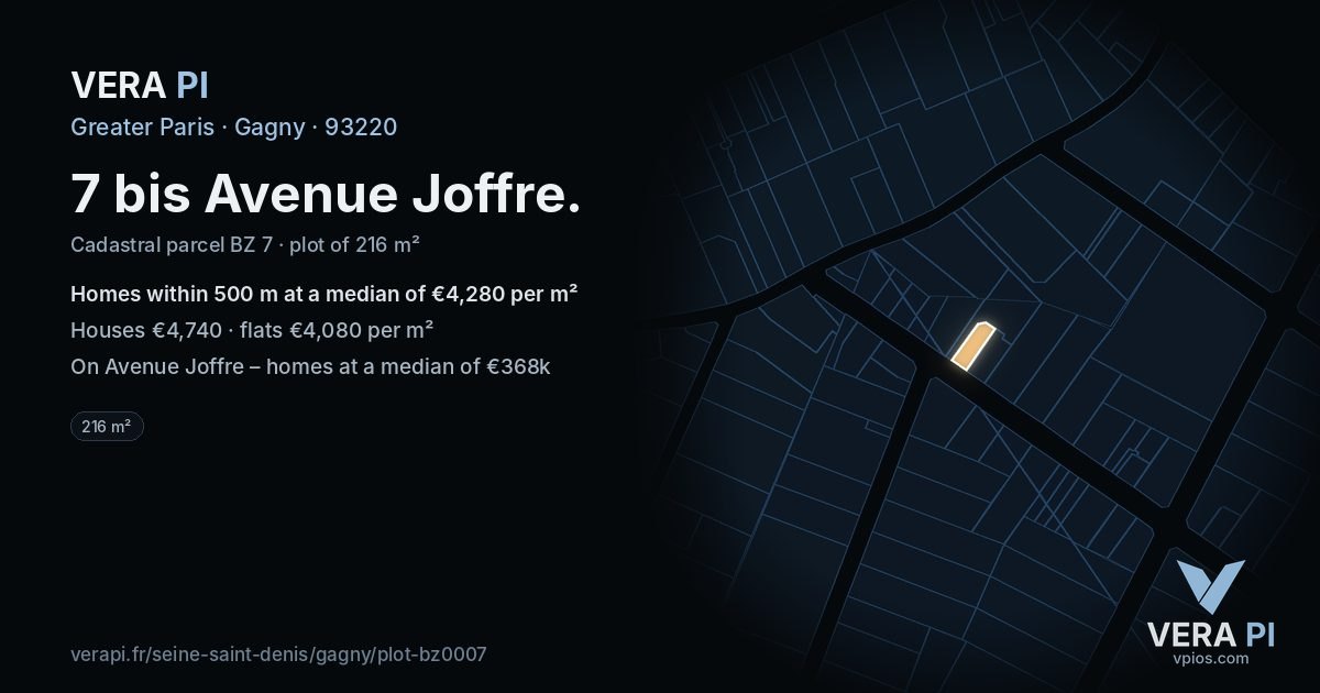 7 bis Avenue Joffre, Gagny at night – the plot lit, the parcels around coloured by the prices near them