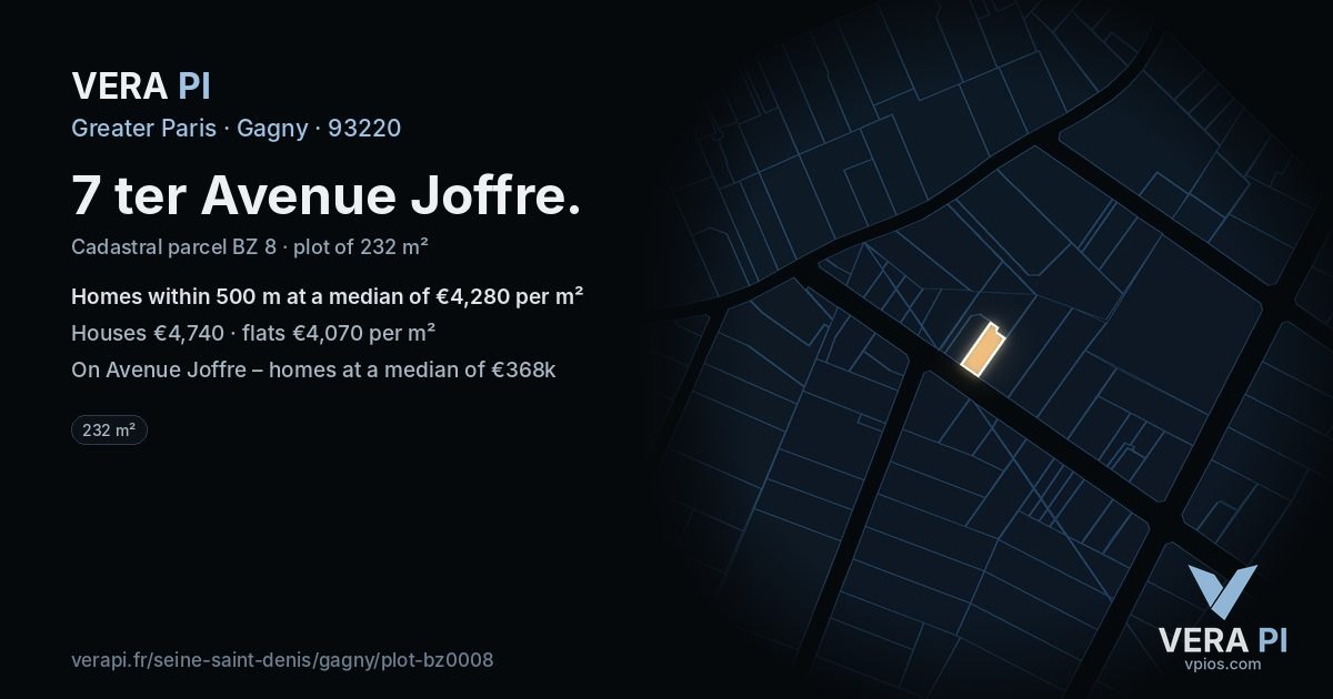 7 ter Avenue Joffre, Gagny at night – the plot lit, the parcels around coloured by the prices near them
