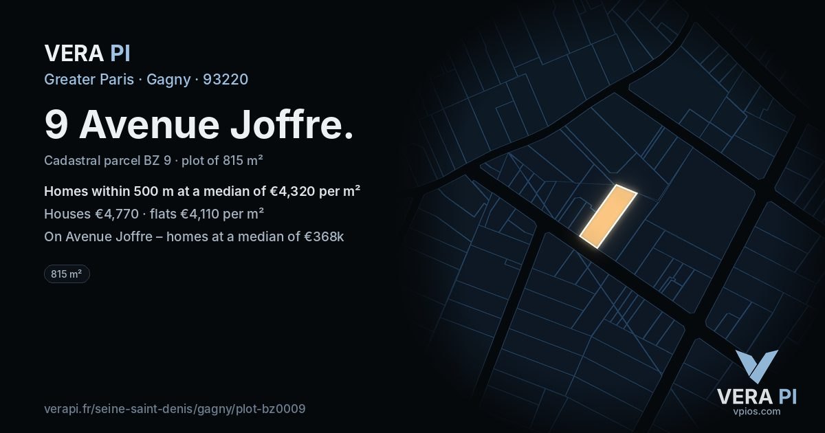 9 Avenue Joffre, Gagny at night – the plot lit, the parcels around coloured by the prices near them