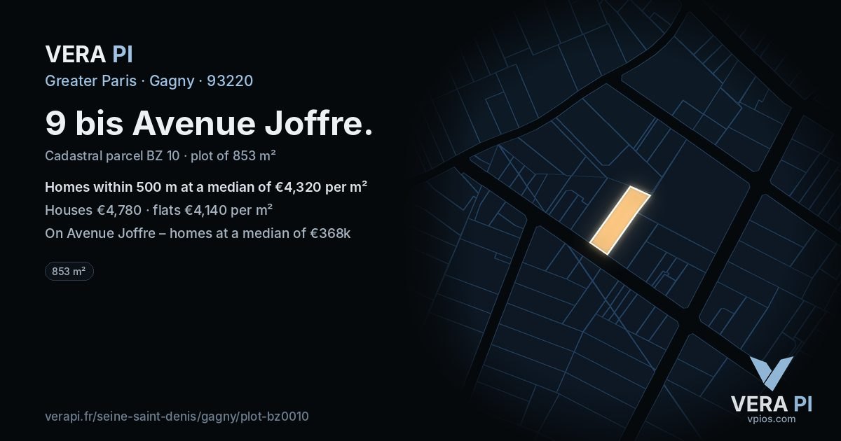 9 bis Avenue Joffre, Gagny at night – the plot lit, the parcels around coloured by the prices near them