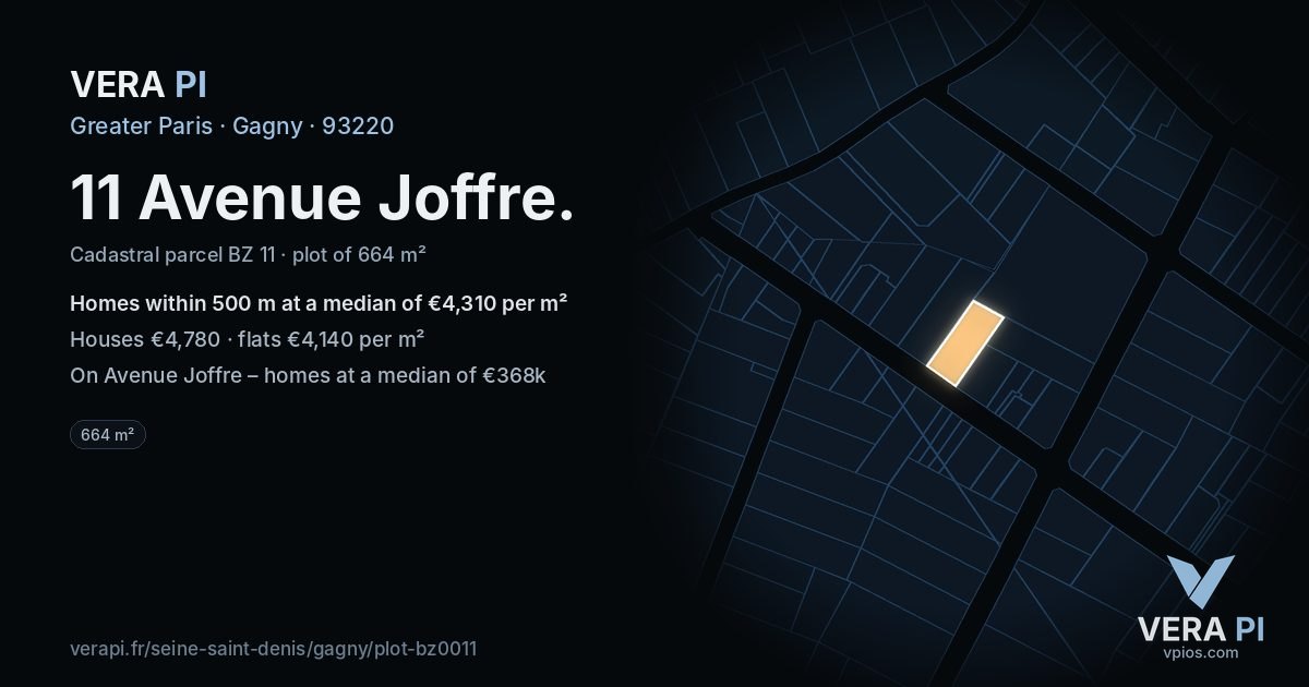 11 Avenue Joffre, Gagny at night – the plot lit, the parcels around coloured by the prices near them
