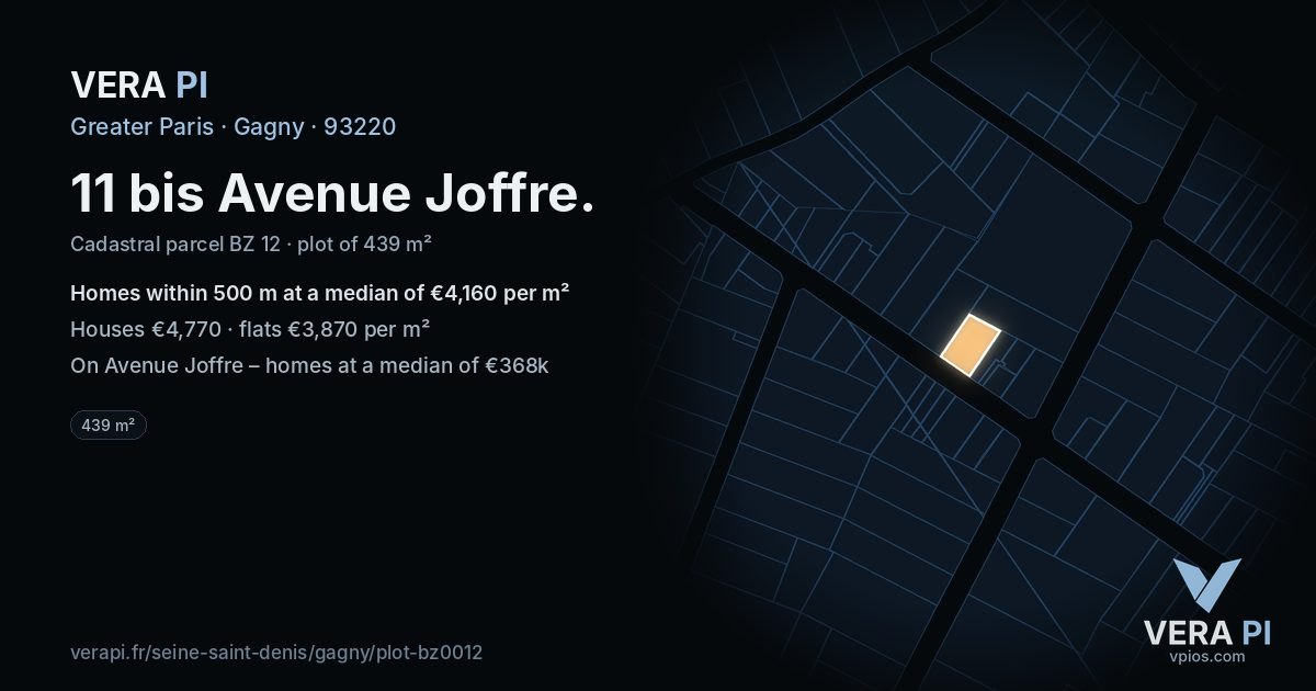 11 bis Avenue Joffre, Gagny at night – the plot lit, the parcels around coloured by the prices near them