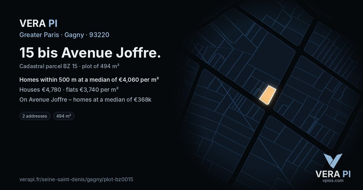 15 bis Avenue Joffre, Gagny at night – the plot lit, the parcels around coloured by the prices near them