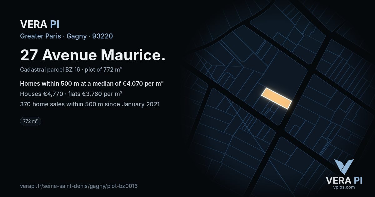 27 Avenue Maurice, Gagny at night – the plot lit, the parcels around coloured by the prices near them
