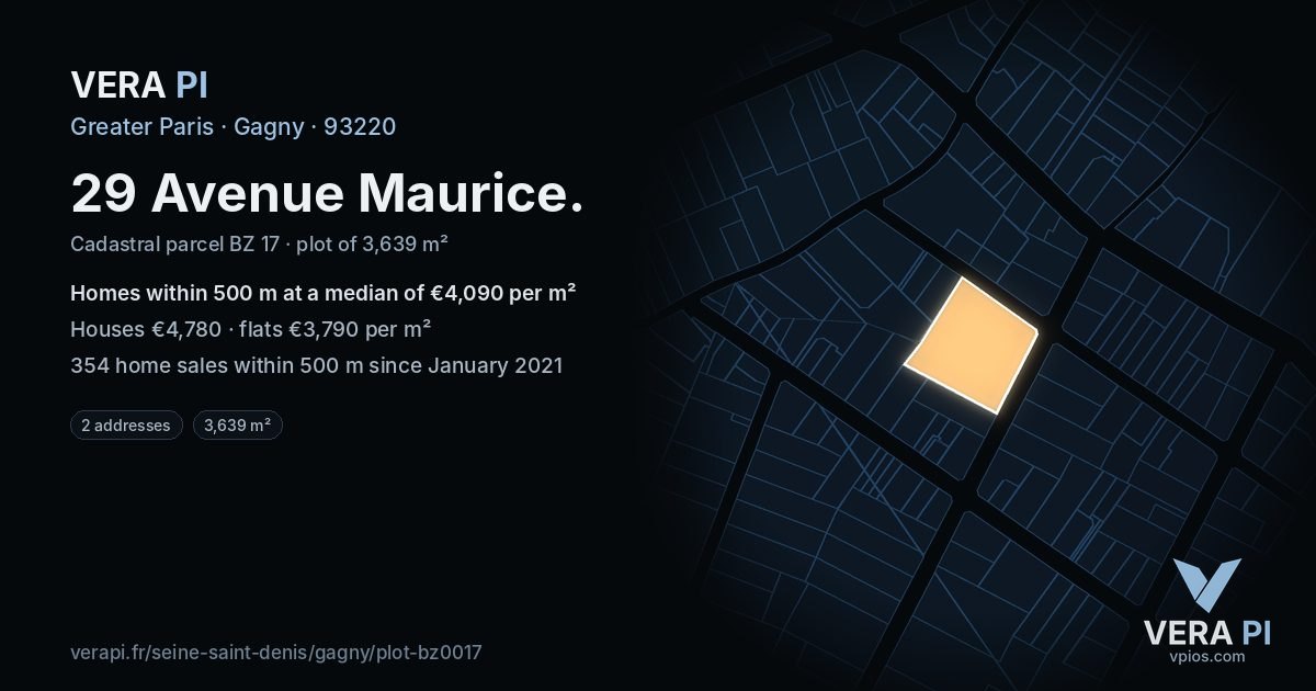 29 Avenue Maurice, Gagny at night – the plot lit, the parcels around coloured by the prices near them