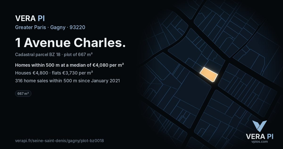 1 Avenue Charles, Gagny at night – the plot lit, the parcels around coloured by the prices near them