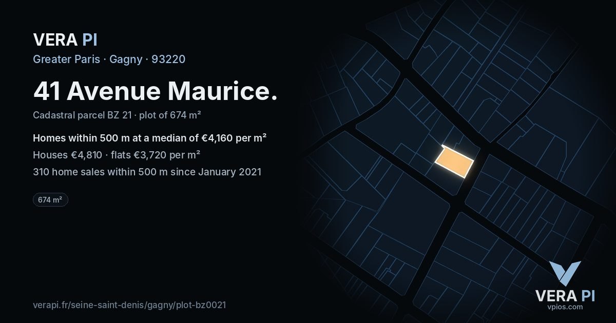 41 Avenue Maurice, Gagny at night – the plot lit, the parcels around coloured by the prices near them