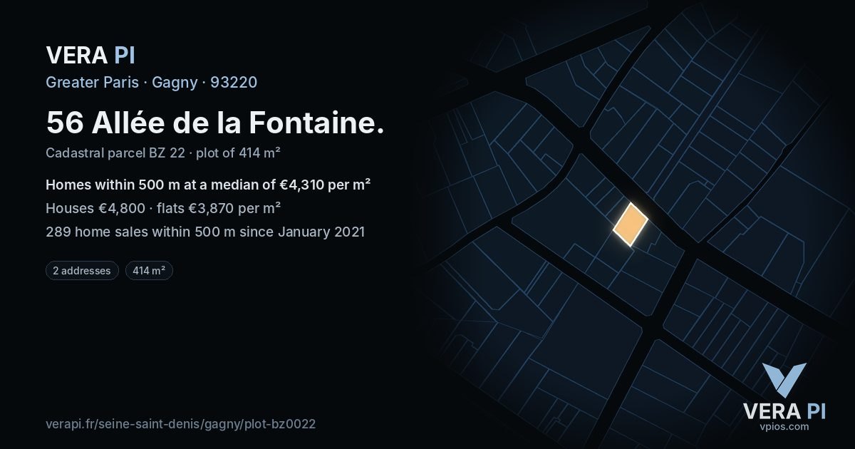 56 Allée de la Fontaine, Gagny at night – the plot lit, the parcels around coloured by the prices near them