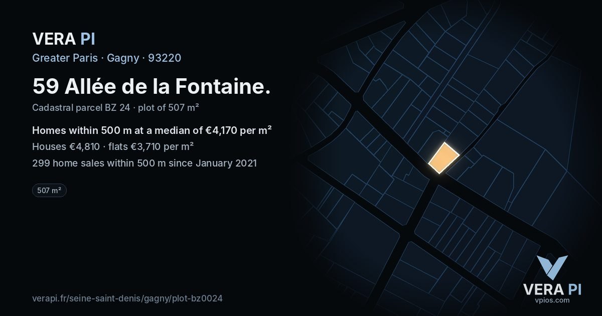 59 Allée de la Fontaine, Gagny at night – the plot lit, the parcels around coloured by the prices near them