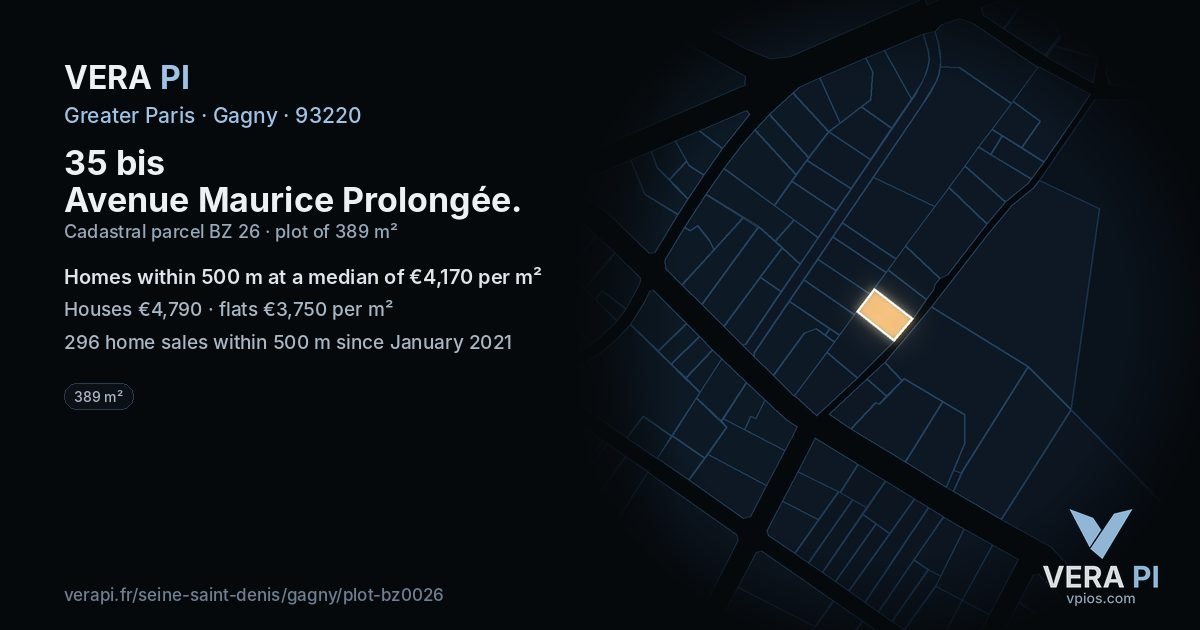 35 bis Avenue Maurice Prolongée, Gagny at night – the plot lit, the parcels around coloured by the prices near them