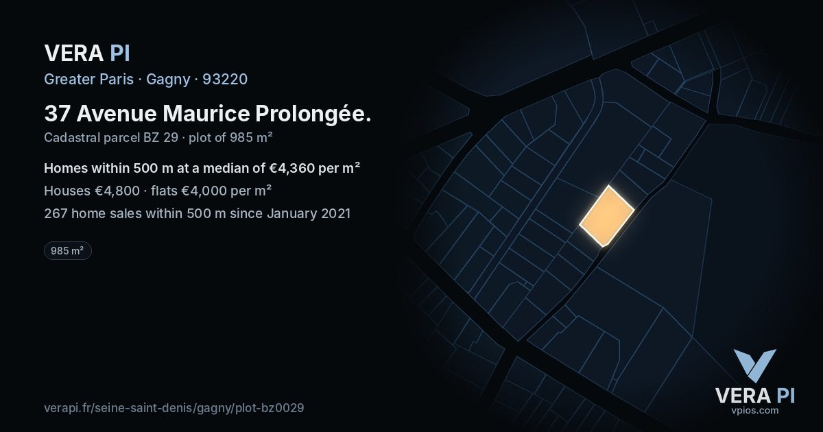 37 Avenue Maurice Prolongée, Gagny at night – the plot lit, the parcels around coloured by the prices near them