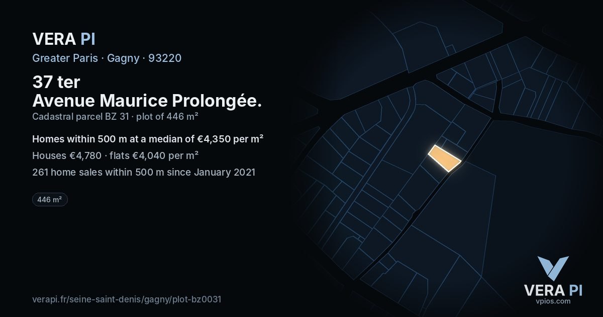 37 ter Avenue Maurice Prolongée, Gagny at night – the plot lit, the parcels around coloured by the prices near them