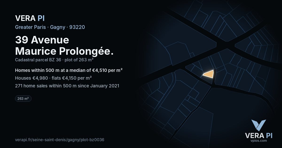 39 Avenue Maurice Prolongée, Gagny at night – the plot lit, the parcels around coloured by the prices near them