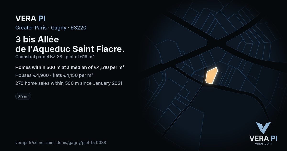 3 bis Allée de l'Aqueduc Saint Fiacre, Gagny at night – the plot lit, the parcels around coloured by the prices near them