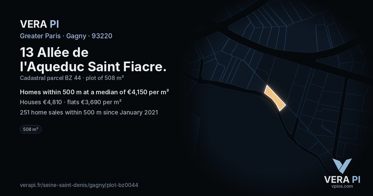 13 Allée de l'Aqueduc Saint Fiacre, Gagny at night – the plot lit, the parcels around coloured by the prices near them