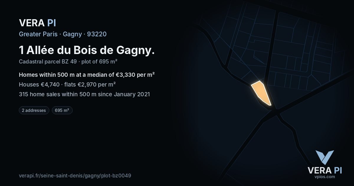 1 Allée du Bois de Gagny, Gagny at night – the plot lit, the parcels around coloured by the prices near them
