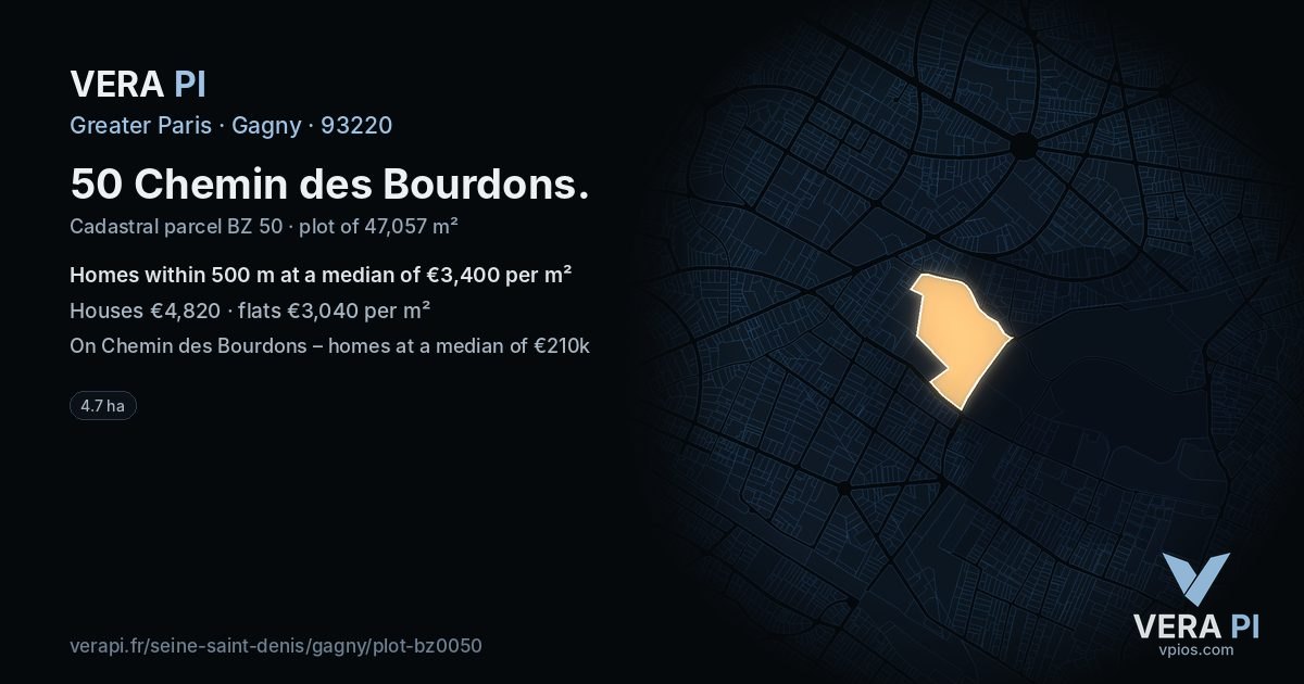 50 Chemin des Bourdons, Gagny at night – the plot lit, the parcels around coloured by the prices near them