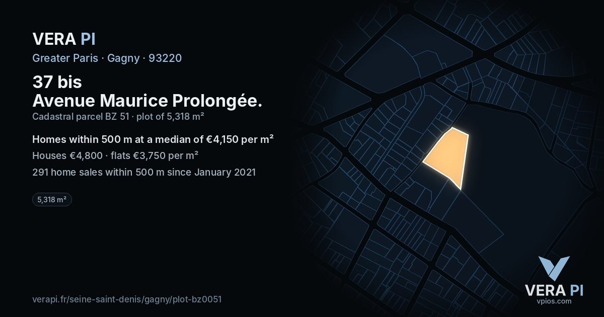 37 bis Avenue Maurice Prolongée, Gagny at night – the plot lit, the parcels around coloured by the prices near them