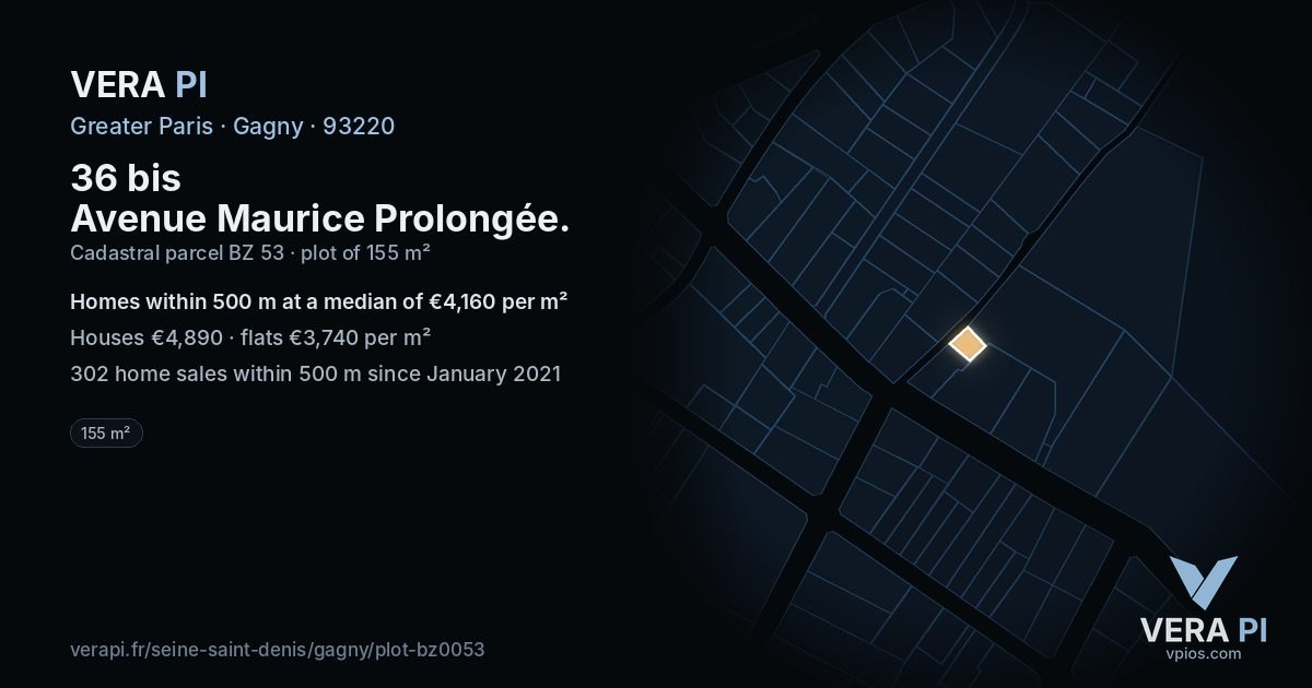 36 bis Avenue Maurice Prolongée, Gagny at night – the plot lit, the parcels around coloured by the prices near them
