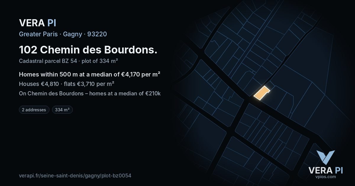 102 Chemin des Bourdons, Gagny at night – the plot lit, the parcels around coloured by the prices near them