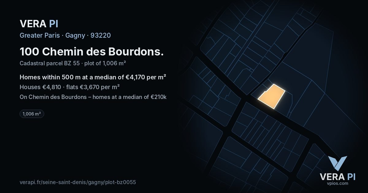 100 Chemin des Bourdons, Gagny at night – the plot lit, the parcels around coloured by the prices near them