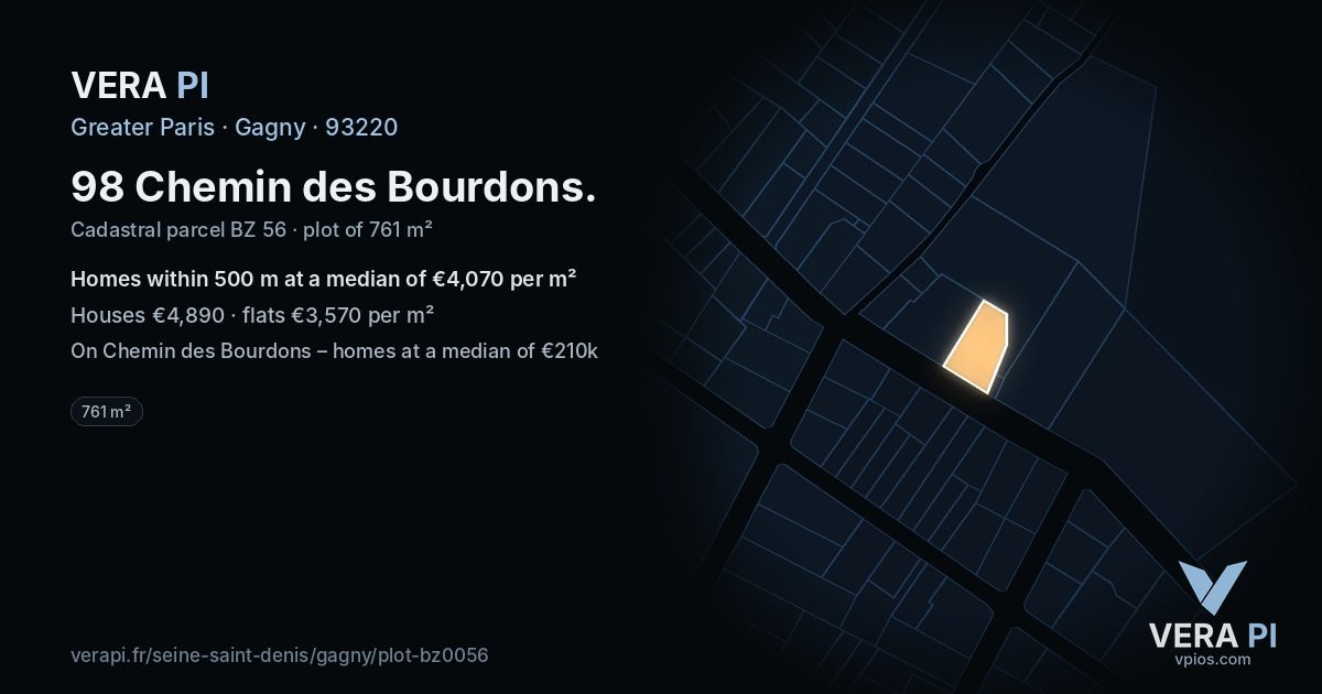 98 Chemin des Bourdons, Gagny at night – the plot lit, the parcels around coloured by the prices near them