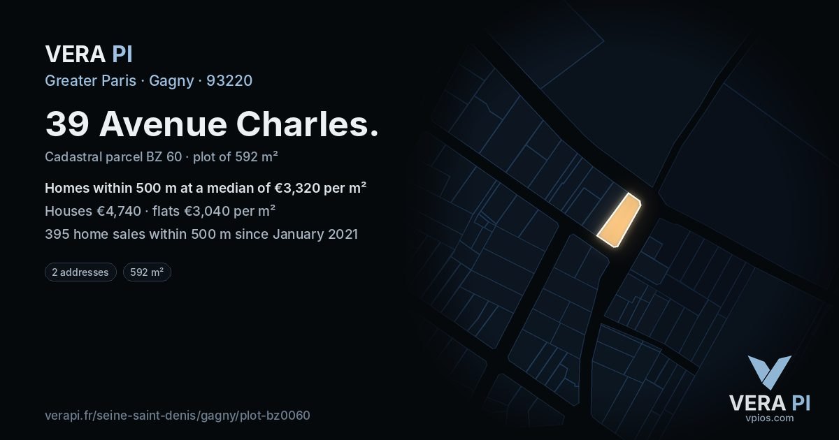 39 Avenue Charles, Gagny at night – the plot lit, the parcels around coloured by the prices near them