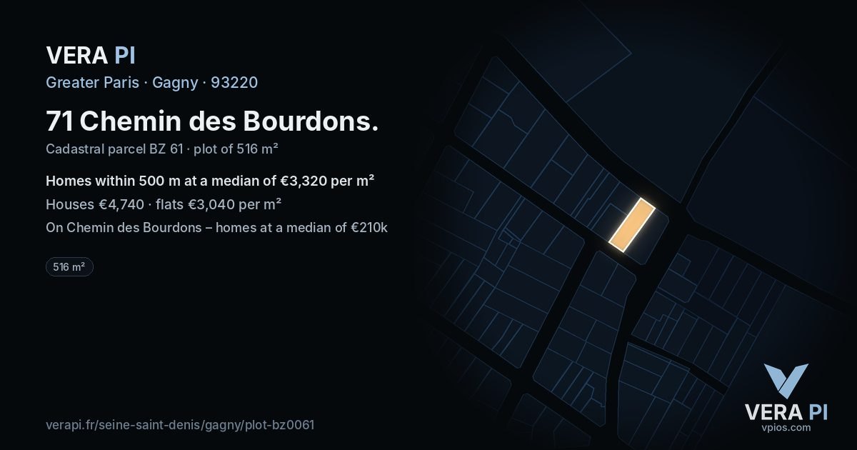 71 Chemin des Bourdons, Gagny at night – the plot lit, the parcels around coloured by the prices near them