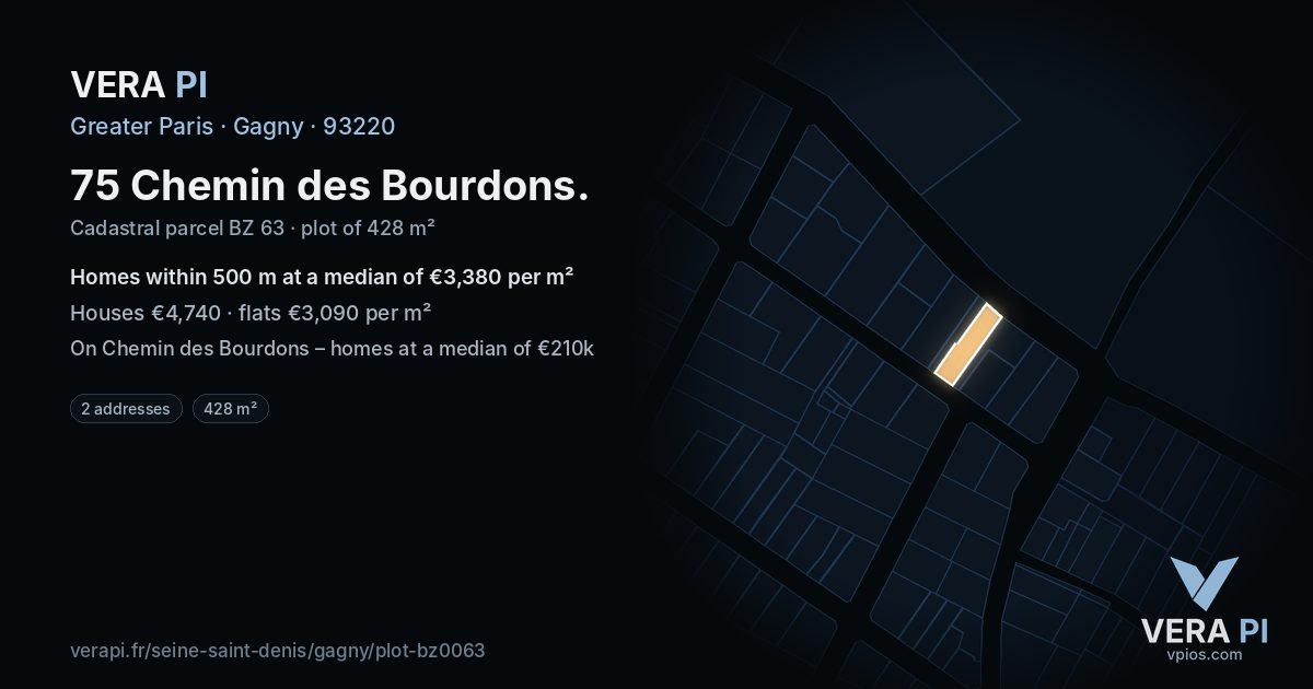 75 Chemin des Bourdons, Gagny at night – the plot lit, the parcels around coloured by the prices near them