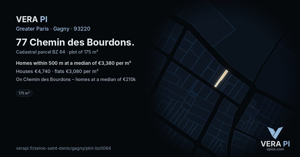 77 Chemin des Bourdons, Gagny at night – the plot lit, the parcels around coloured by the prices near them