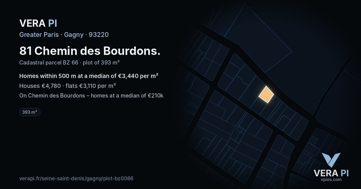 81 Chemin des Bourdons, Gagny at night – the plot lit, the parcels around coloured by the prices near them