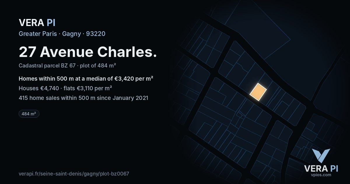 27 Avenue Charles, Gagny at night – the plot lit, the parcels around coloured by the prices near them