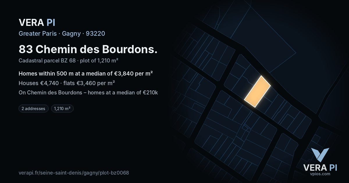 83 Chemin des Bourdons, Gagny at night – the plot lit, the parcels around coloured by the prices near them